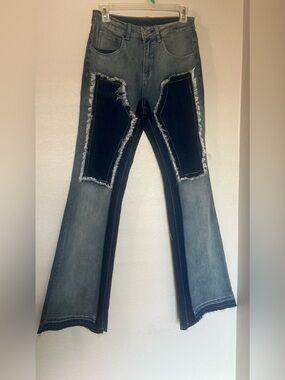 SHEIN Two tone Patchwork Distressed Flare Jeans Small Boho FLARE Leg Denim